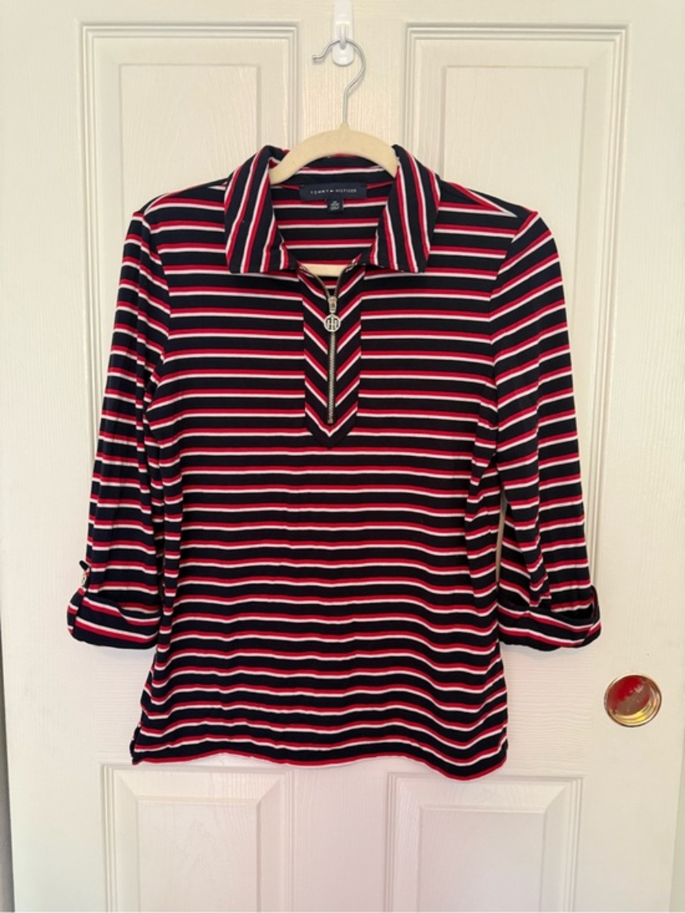 Tommy Hilfiger Navy, Red & White Striped Zip Polo Top